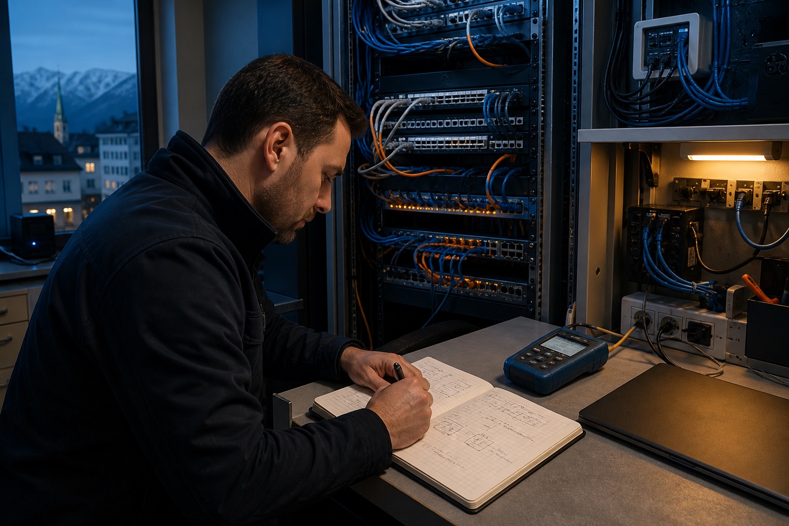 IT-Techniker dokumentiert eine Netzwerkprüfung im Serverraum