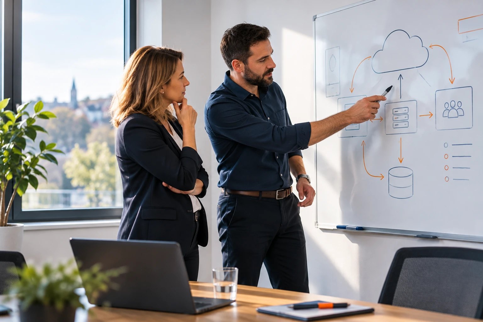 IT-Berater und Unternehmerin besprechen an einem Whiteboard eine Cloud-Architektur