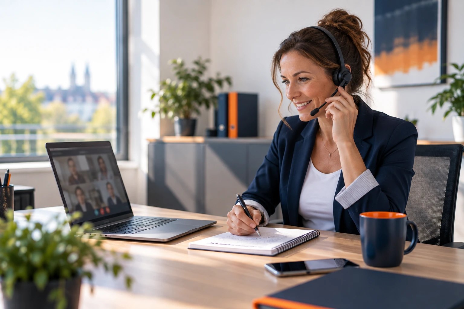 Unternehmerin führt entspannt ein telefonisches Erstgespräch mit Headset am Schreibtisch