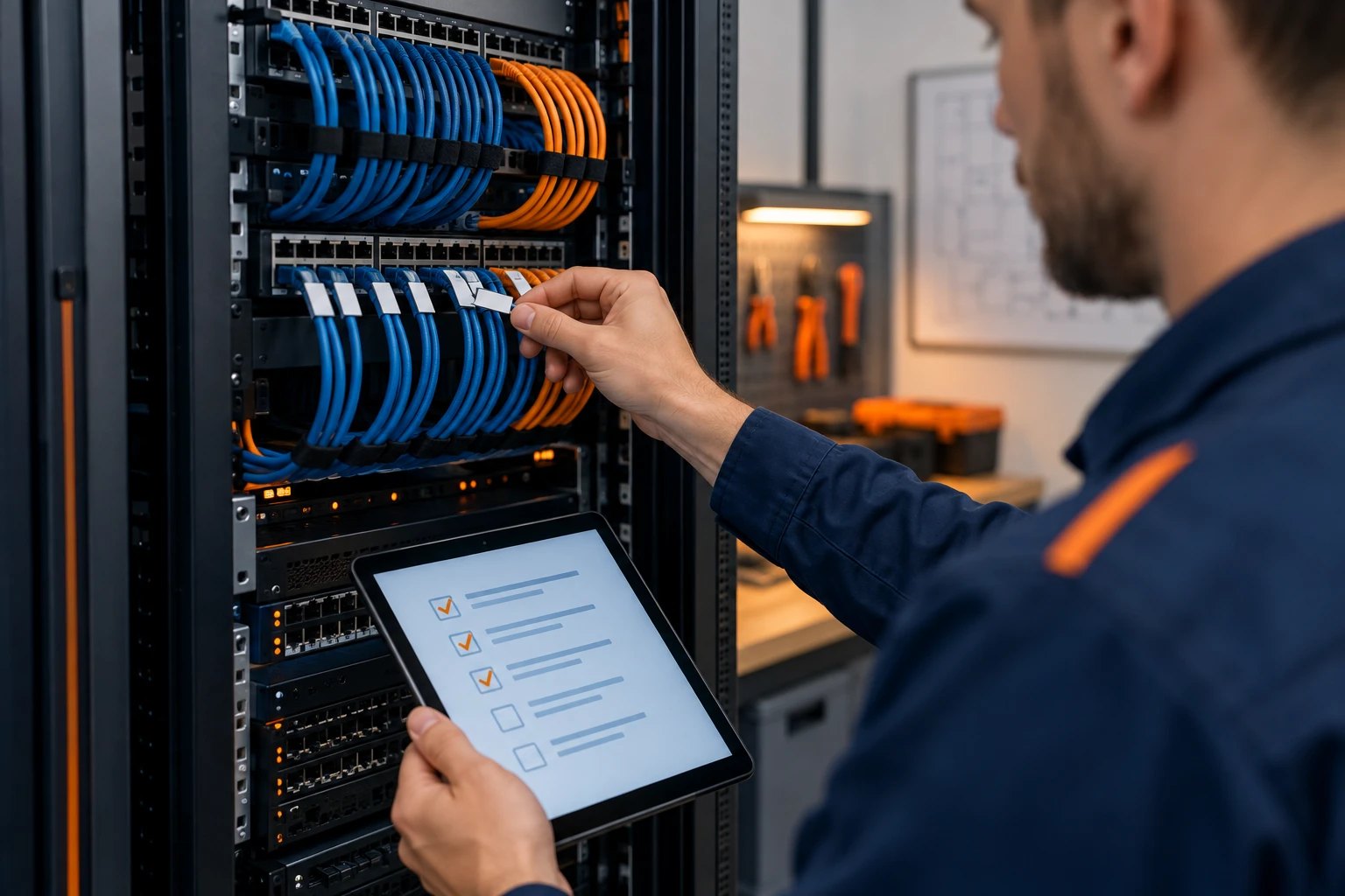IT-Techniker beschriftet Netzwerkkabel im Serverschrank und prüft eine Checkliste