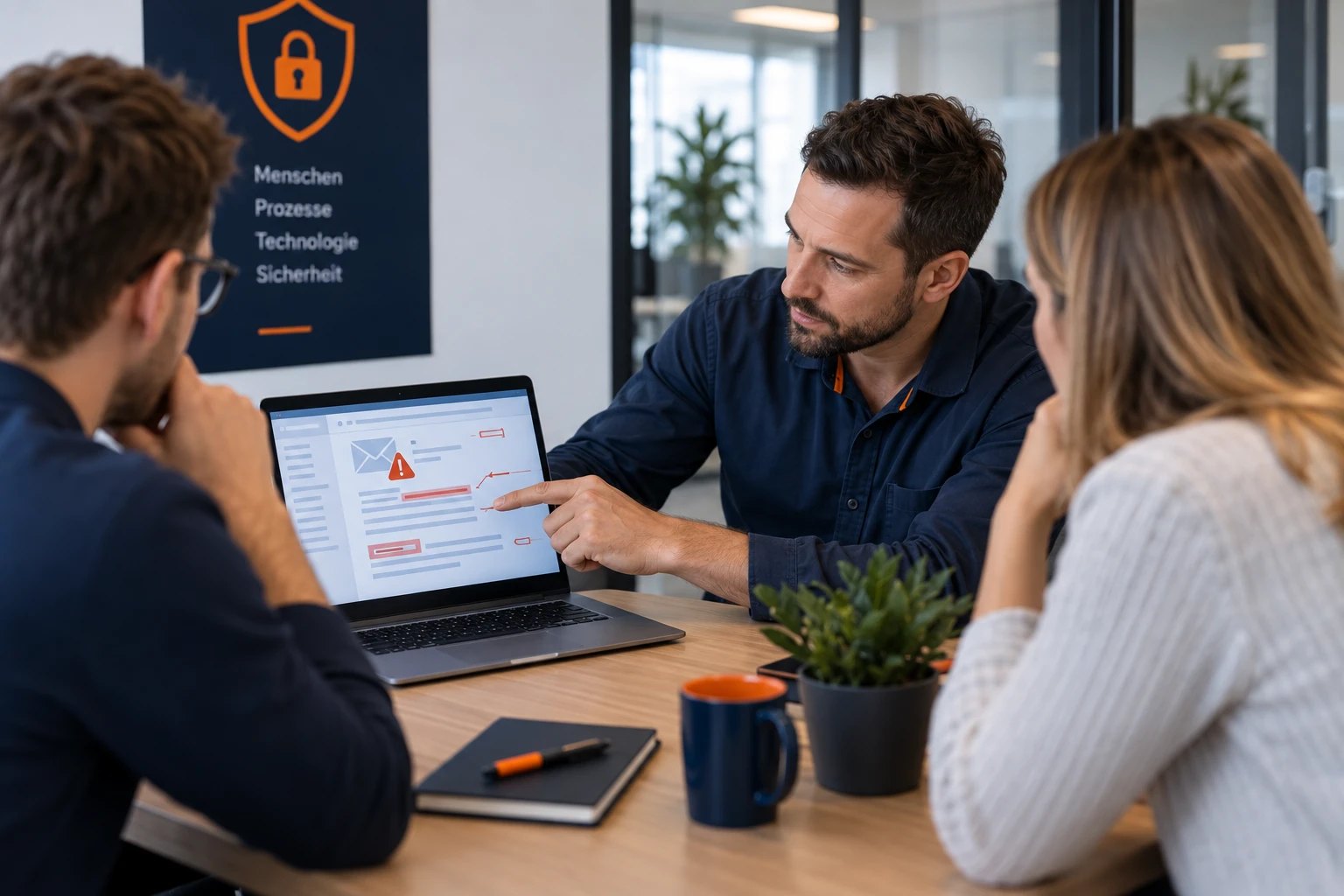 IT-Sicherheitsberater erklärt zwei Mitarbeitern anhand einer Phishing-E-Mail, worauf zu achten ist