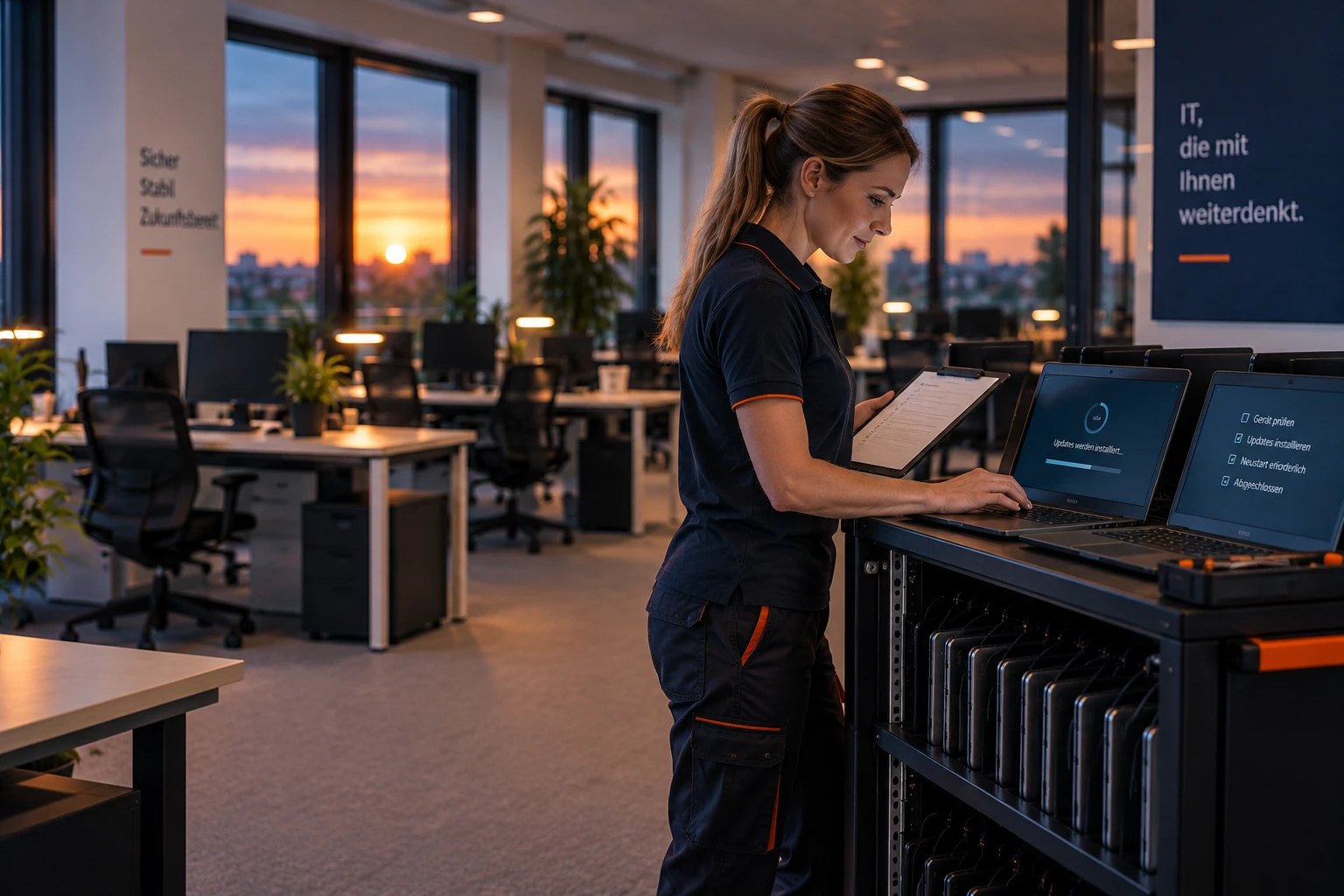 IT-Betreuerin prüft abends im leeren Büro den Update-Status mehrerer Firmen-Laptops