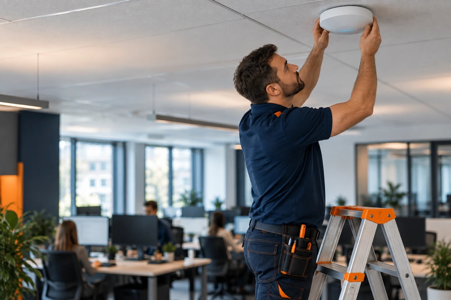 Techniker montiert einen WLAN-Access-Point an der Bürodecke