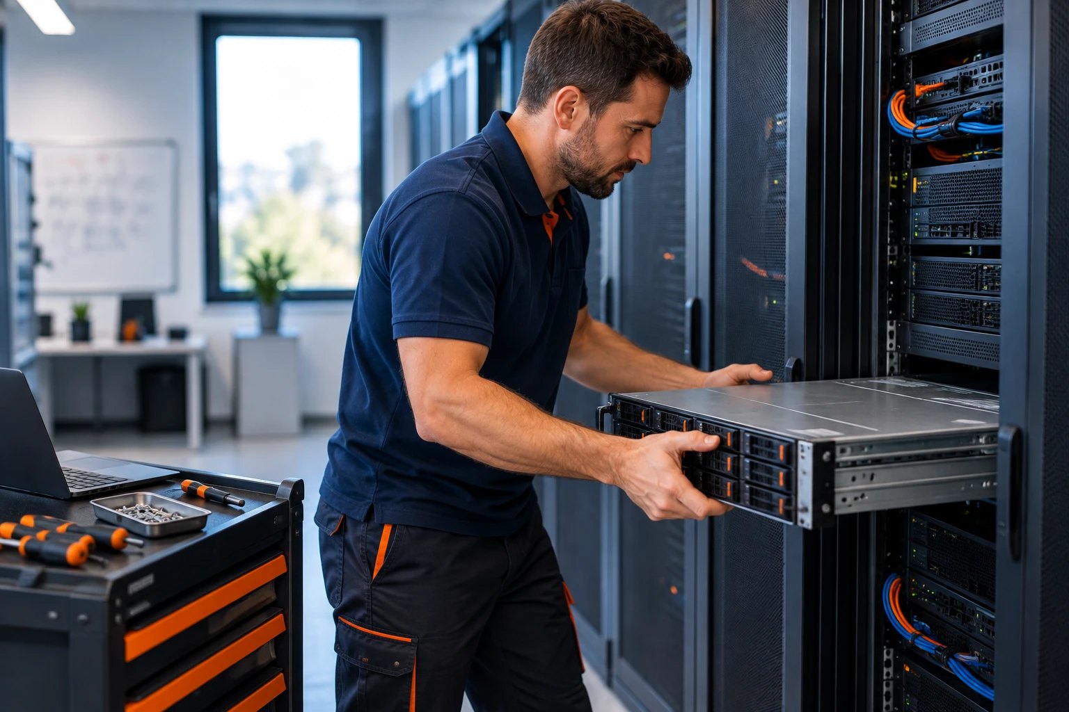 IT-Techniker zieht einen Rack-Server zur Wartung aus dem Serverschrank